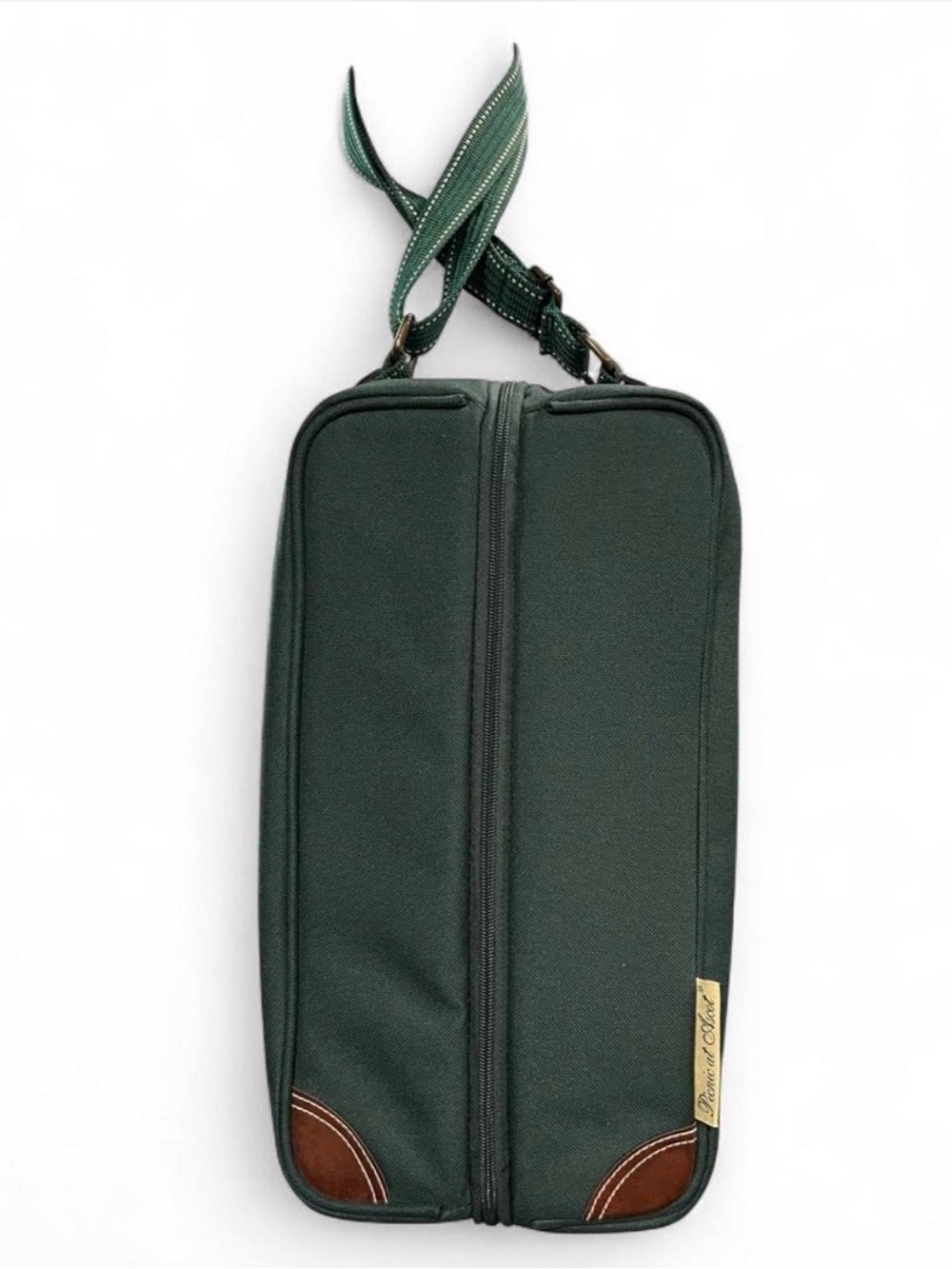 Green Travel Double-Zip Wine Bag with Brown Accents